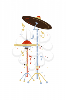 Drum cymbals flat vector illustration. Percussion, professional drummer equipment design element. Rhythm musical instrument and notes isolated clipart. Live music show, rock concert, festival