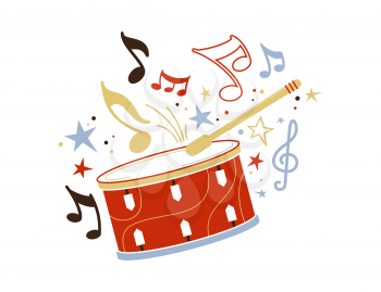 Festive drum and stick flat vector illustration. Snare, professional drummer equipment isolated clipart. Carnival celebration. Percussion, children toy. Musical instrument with notes drawing