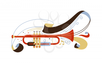 Trumpet flat vector illustration. Professional brass instrument isolated clipart. Classical music ensemble, jazz concert performance. Musician equipment with ribbon and notes drawing