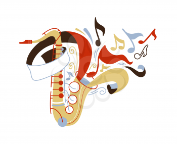 Saxophone flat vector illustration. Sax with notes isolated clip art. Professional brass instrument. Classic music, jazz concert performance. Saxophonist equipment with ribbon and notes