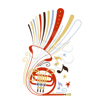 French horn flat vector illustration. Golden brass instrument isolated clipart. Woodwind ensemble performer professional equipment. Classical music concert, symphony orchestra, jazz band performance