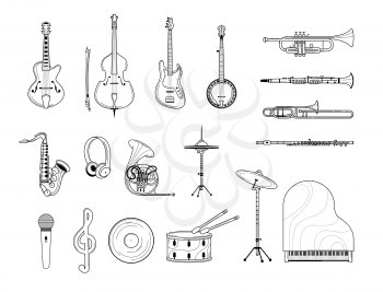 Musical instruments outline illustrations set. Acoustic and electric guitar, grand piano, banjo line art. Trumpet, saxophone, flute sketches. Retro music record and microphone isolated cliparts pack
