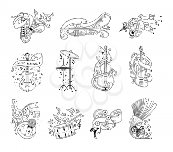 Festive musical instruments outline vector illustrations set. Cello, drum cymbals with confetti and serpentine line art. Modern headphones, vintage microphone isolated cliparts. Jazz concert