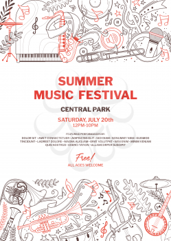Classical music concert poster vector outline template. Summer jazz festival flyer layout. Blues band performance brochure. Musical instruments thin line illustration. Cello, trumpet doodle drawing