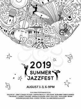 Jazz music night event poster vector outline template. Summer jazz festival flyer layout. Classical music concert web banner with text space. Woodwind orchestra performers silhouettes illustration