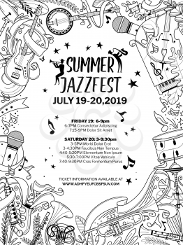 Jazz concert vector poster template. Classical music awards ceremony flyer layout. Live performance, show, summer festival information brochure with text space. Microphone, trumpet, drum line art