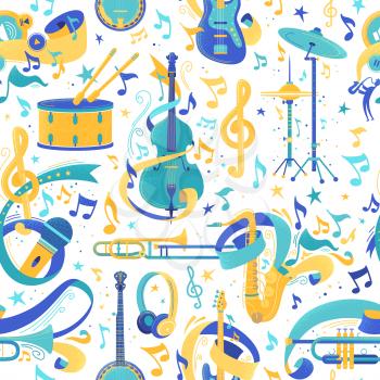 Musical instruments flat vector seamless pattern. Cartoon cello, microphone, headphones, banjo texture. Brass, percussion, string instruments. Musical festival, concert wrapping paper, textile design