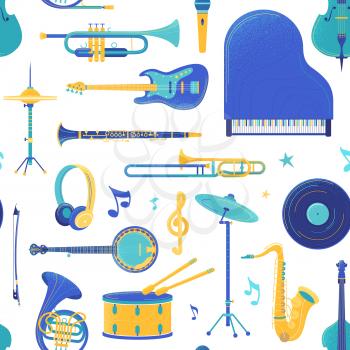 Orchestra musical instruments vector seamless pattern. Drums, guitar, brass, piano texture. Percussion, brass, string instruments. Music festival, concert background, music instruments wrapping paper