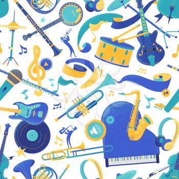 Musical instruments vector seamless pattern. Piano, trumpet, guitar texture. Brass, string, percussion instruments. Musical festival, jazz performance, classical orchestra, wrapping paper design