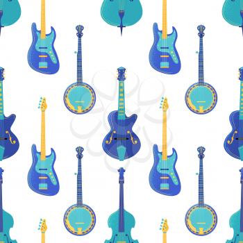 String, strumming music instruments seamless pattern. Guitar, banjo, violin, cello texture. Rock, jazz, classical music instruments. Modern, country music concert, classical performance