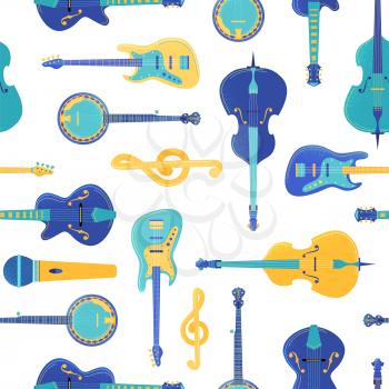 String musical instruments vector seamless pattern. Cello, guitar, violin, banjo texture. Music equipment. Rock concert, jazz performance, music festival, classical orchestra background