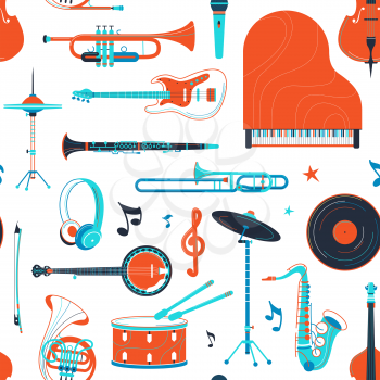 Musical instruments, equipment retro vector flat seamless pattern. Piano, banjo, saxophone texture. Percussion, strings, brass instruments. Jazz concert, music festival, rock performance background