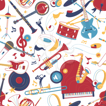 Musical instruments flat vector seamless pattern. Electric guitar, clarinet, flute, piano texture. Key, strumming, woodwind instruments. Rock performance, classical music orchestra, jazz concert