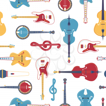 String musical instruments flat vector illustration. Note key, cello, electric guitar, microphone texture. Strumming instruments. Music festival, jazz performance, classical orchestra background
