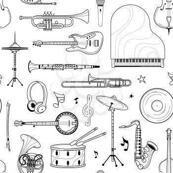Musical instruments hand drawn outline seamless pattern. Piano, drum line art texture. Black contour percussion, strumming instruments on white background. Jazz performance wallpaper design