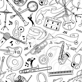 Jazz music instruments hand drawn outline seamless pattern. Electric guitar, headphones texture. Black contour string, brass instruments on white background. Classical orchestra vector design