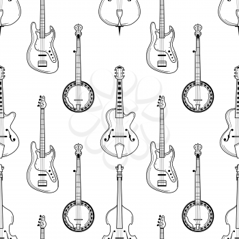 Strumming instruments hand drawn outline seamless pattern. Guitar, banjo, cello texture. Black contour string instruments on white background. Music festival, jazz performance wrapping paper design