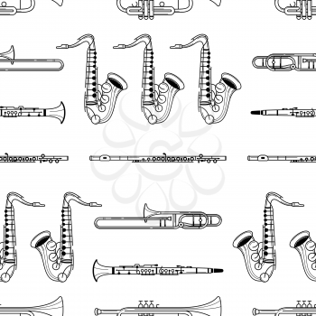 Musical instruments hand drawn outline seamless pattern. Trumper, clarinet, saxophone line art texture. Black contour brass instruments on white background. Jazz, classical orchestra vector design