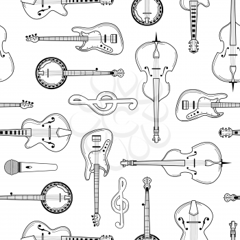 Musical instruments hand drawn outline seamless pattern. Guitar, cello, banjo, mic line art texture. Black contour string instruments on white background. Concert, jazz festival textile vector design