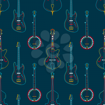 Strumming instruments hand drawn outline seamless pattern. Guitars, cellos and banjos line art texture. Colorful contour string instruments on dark blue background. Concert performance vector design