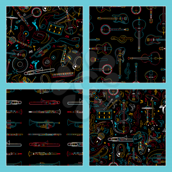 Musical instruments hand drawn outline seamless pattern set. Piano, cello, drum kit line art texture. Colorful contour string, percussion, brass instruments on dark, black background