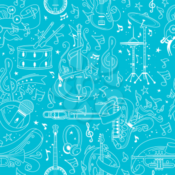 Orchestra instruments hand drawn outline seamless pattern. Cello, ribbon, guitar line art texture. White contour percussion, string instruments on blue background. Music festival vector design