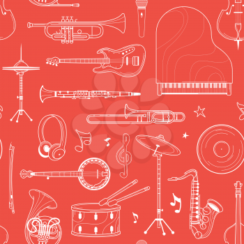Musical orchestra white outline seamless pattern. Drumset, record, french horn line art texture. Contour keyboard, woodwind instruments on red background. Jazz concert textile design