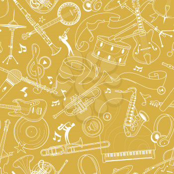 Musical equipment and instruments hand drawn outline seamless pattern. Trombone, sax line art texture. White contour brass, string instruments on yellow background. Classical concert textile design