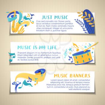 Music is my life vector hand drawn banner templates set. Musical event, jazz concert poster. Playing drum cartoon colorful illustration. Just music festival colored poster with copyspace and lettering