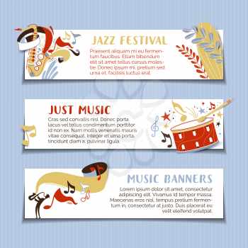 Jazz music festival hand drawn vector banner template set. Colored concert, performance poster. Saxophone cartoon sketch, drawing. Just music colorful, creative flyers with copyspace