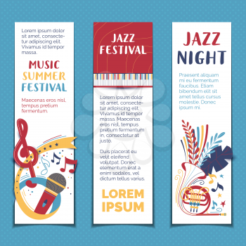 Summer jazz night hand drawn vector banner template set. Music festival, live performance poster. Musical equipment colorful cartoon illustrations. Vibrant concert invitation flyers with copyspace