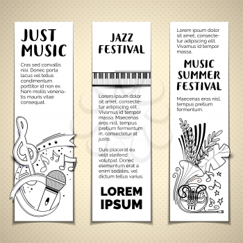 Music summer festival hand drawn vector banner templates set. Musical concert black and white minimalist banner design layout with copyspace. Musical instruments with lettering