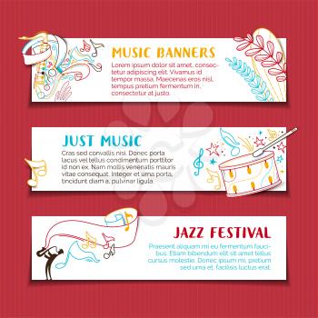 Musical performance vector hand drawn banners template set. Jazz music event colored on white background. Minimalist poster design layout with copyspace. Musical instruments colorful line art