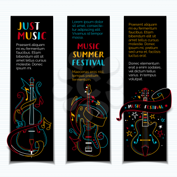 Music summer festival hand drawn vector banner template set. Jazz concert colorful on black background minimalist poster design layout with copyspace. String instruments colored line art