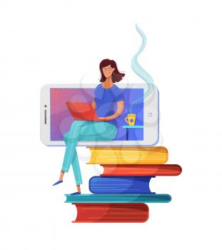 Distance education flat vector illustration. Woman sitting on books stack, freelancer using laptop cartoon character. Remote work, e learning isolated clipart. Online reading, digital library