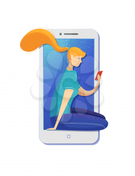 Girl using smartphone flat vector illustration. Woman surfing Internet, reading ebooks cartoon character. Remote work, teenager leisure and pastime isolated clipart on white background