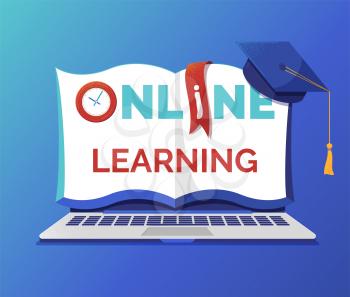 Online learning and education banner flat vector template. Open notebook with typography on pages. Elearning, Internet courses, university distant program. Graduation cap and textbook illustration