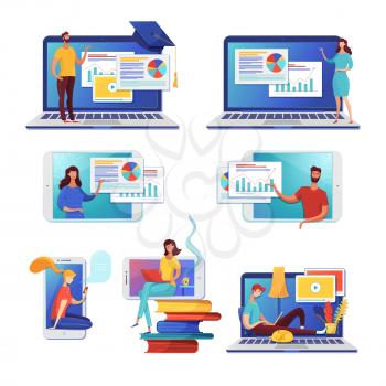 Internet learning flat vector illustrations set. Online courses, self education. Female cartoon character using ereading app, digital library archive. Business analysis, data analytics distant classes