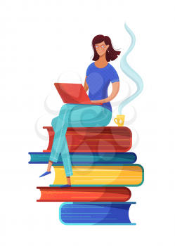 Distance education, remote work flat vector illustration. Teacher in glasses preparing for lesson, freelancer using laptop cartoon character. E learning, online reading, digital library clipart