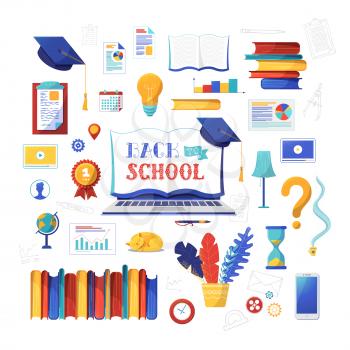 Back to school items flat vector illustrations set. Office stationery isolated cliparts collection. Open notebook with calligraphy. Books, graduation cap stickers. Education and knowledge icons pack