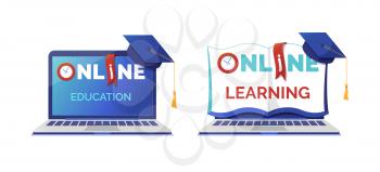 Online learning and education flat vector illustrations set. Laptop and mortar board isolated cliparts pack. Elearning, distance school classes, Internet course. Remote university academic degree
