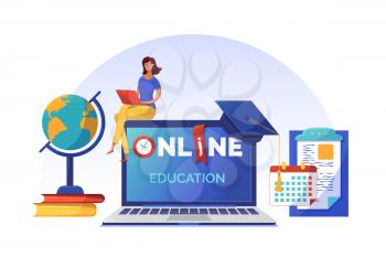 Online courses planning banner flat vector template. Woman studying on Internet cartoon character. Open laptop with typography on screen. Elearning, Internet courses, university distant program