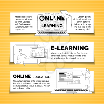 E learning and remote education web banners linear templates set. Data analytics, infographics visualization Internet course illustrations pack. Video tutorials, business presentations posters design