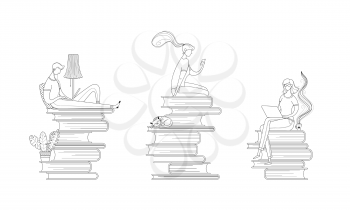 Digital library readers outline vector illustrations set. Girl reading ebook, student preparing for lesson, pupil studying online cartoon characters pack. Teacher sitting on book pile line art