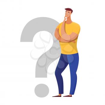 Thoughtful man making decision flat illustration. Doubtful boy with hand on chin isolated character. Male expert, specialist standing near question mark. Choosing options, finding answers metaphor