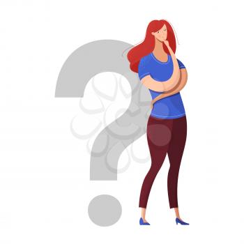 Young girl thinking gesture vector illustration. Cartoon woman with hand on chin isolated character. Female student, sister deciding, choosing solution. Pretty lady in doubt near question mark