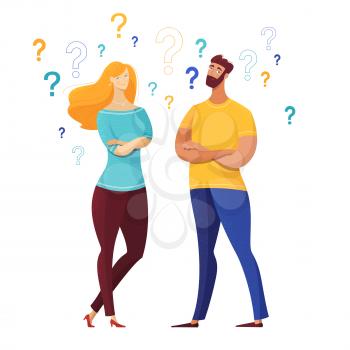 Couple with question marks vector illustration. Cartoon man, woman having secrets isolated characters. Confused friends, husband, wife asking questions, finding answers, solutions to problems