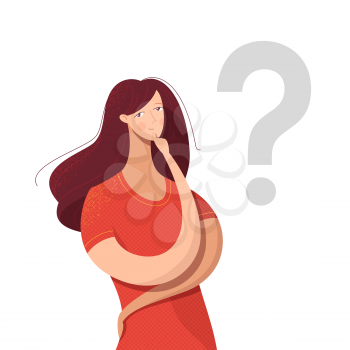 Young lady making decision vector illustration. Cartoon woman looking for answer, solution to problem isolated character. Confused girl thinking with hand on chin gesture and question mark