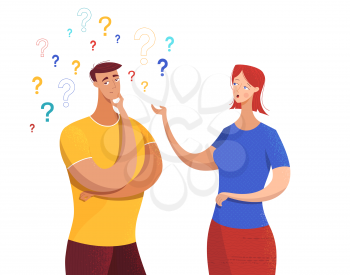 Wife asking questions flat vector illustration. Cartoon husband looking for answer. Couple, friends, colleagues having conversation, argument. Young man in doubt with hand on chin gesture