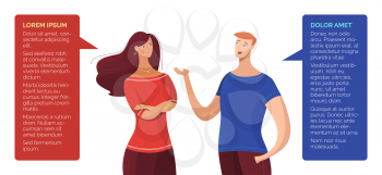Man talking with lady flat vector illustration. Couple have conversation, dialogue. Speech bubbles with text space. Cartoon boy telling stories to woman. Informal communication banner design element